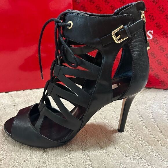 Guess Larkee Black Leather Strappy Heels - Picture 3 of 8